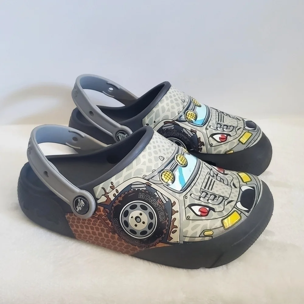 CROCS Funlab Monster Truck LED Light Gray Slip On Clogs Size Jr 3